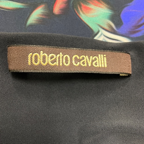 ROBERTO CAVALLI NAVY MULTI FLORAL STRETCH JERSEY MIDI COCKTAIL DRESS - Picture 4 of 5